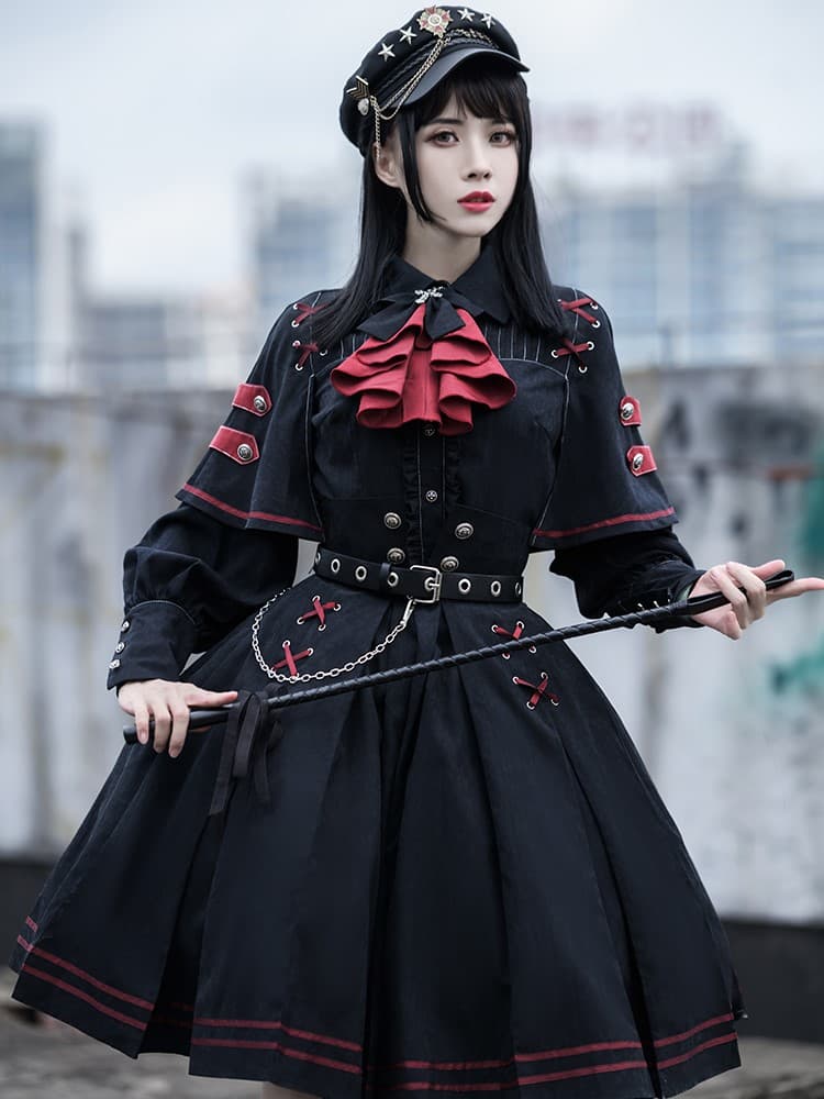 【軍服ロリータ】赤リボン×チェーンポリス制服ワンピース