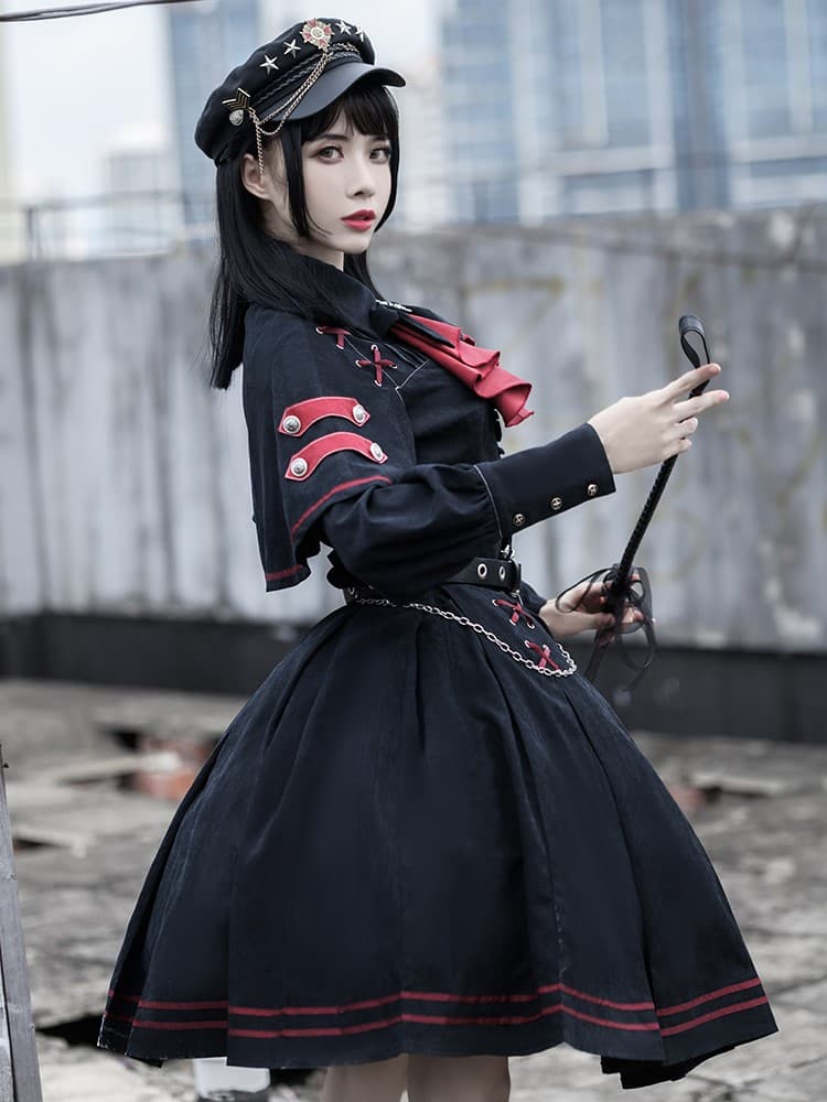 【軍服ロリータ】赤リボン×チェーンポリス制服ワンピース