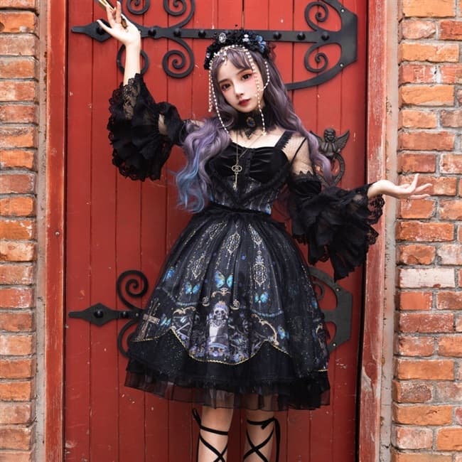 【ゴスロリ】ドクロ×蝶々エンジェル風ワンピース